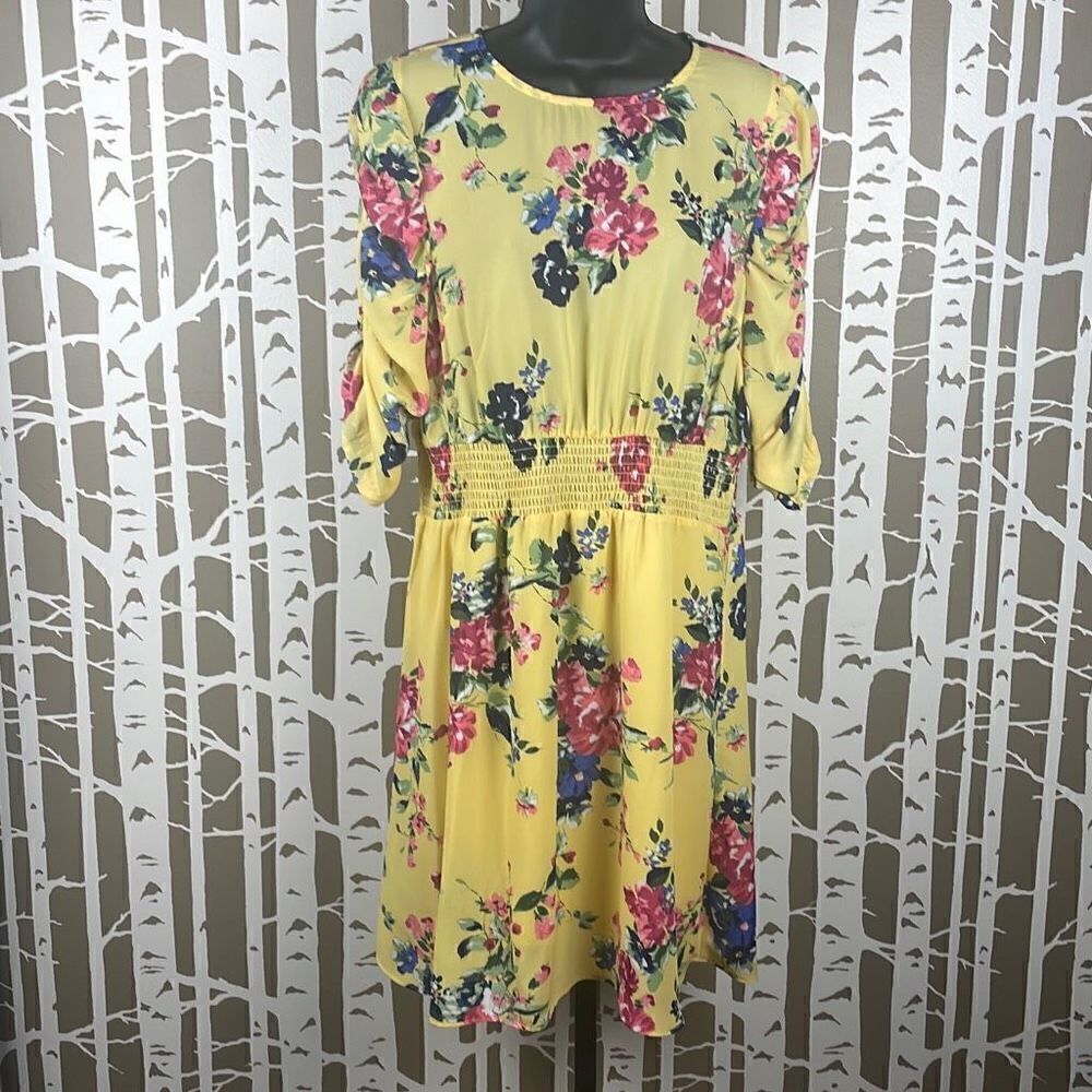 Floral Print Puff Sleeve Chiffon Dress L